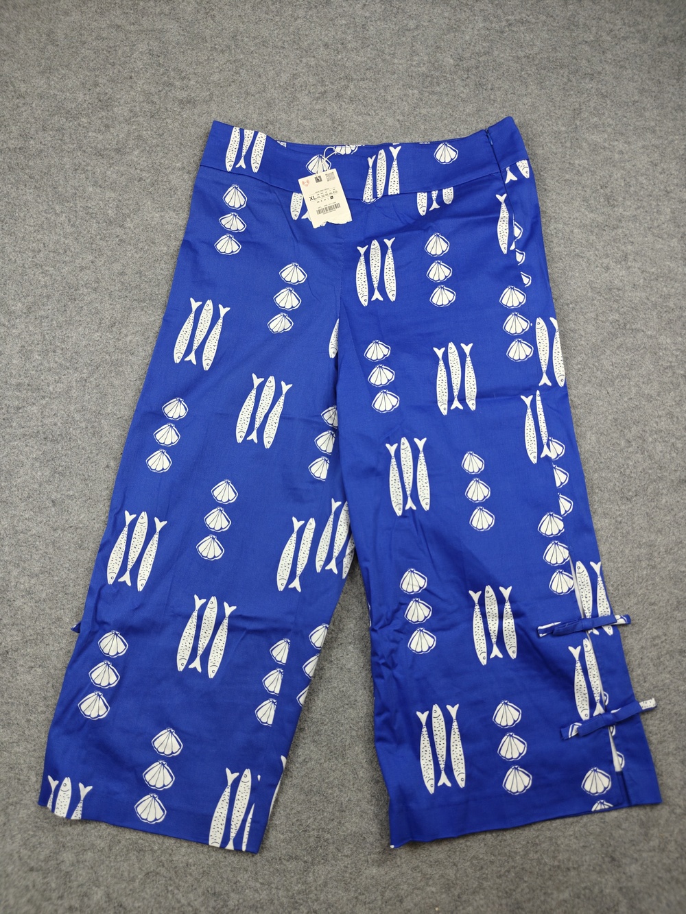 Zara Pants Womens XL Blue Cropped Wide-Leg Twill Geometric Bow 34x24 Relaxed Fit